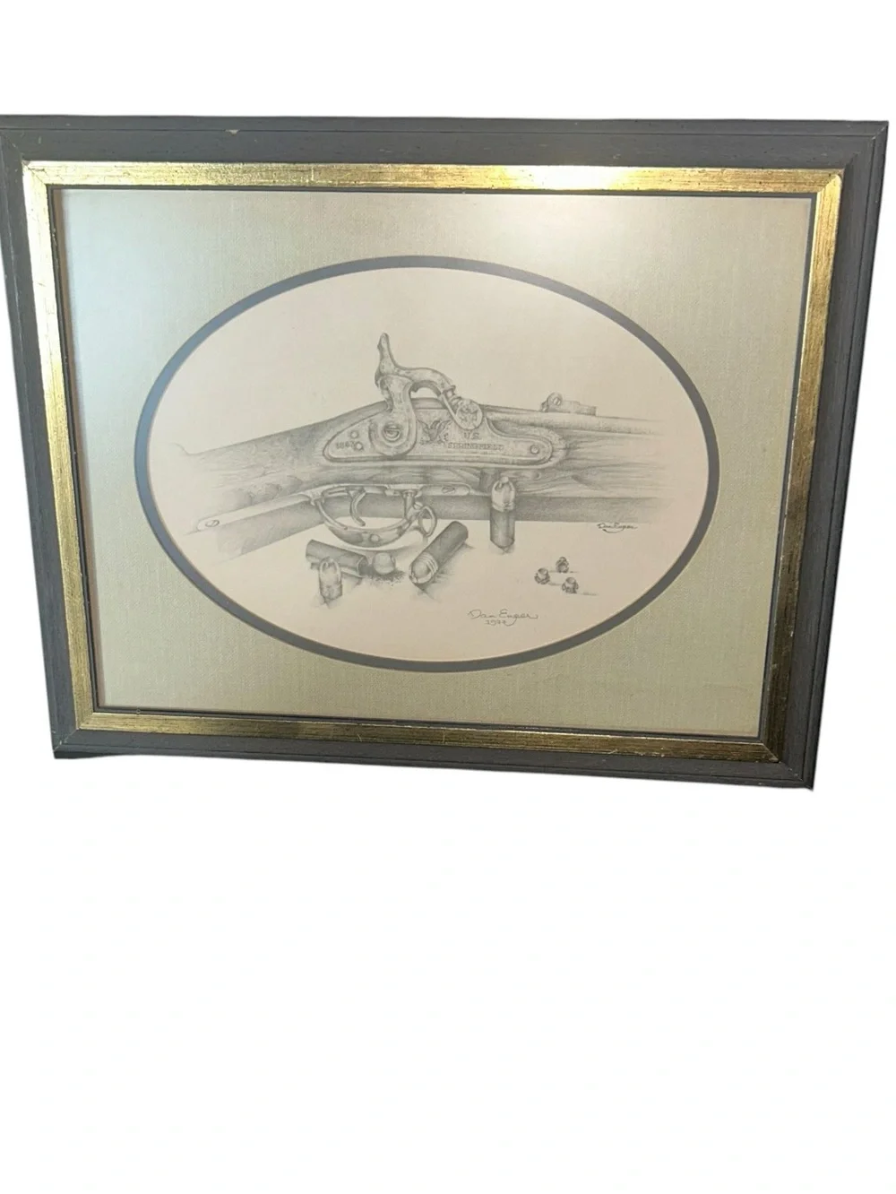 Framed Black & Gold Vintage Rifle‎ Pencil Drawing by Dan Enger
